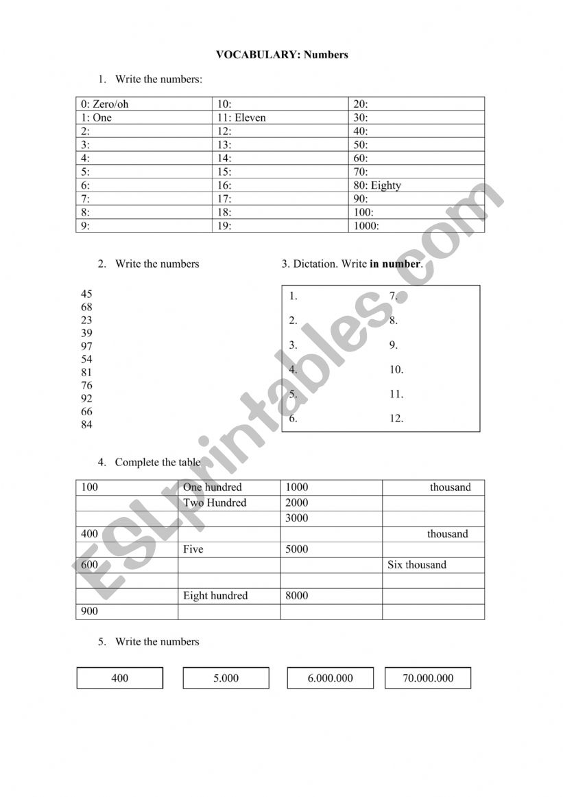 English Worksheets Numbers In English 1 1000 