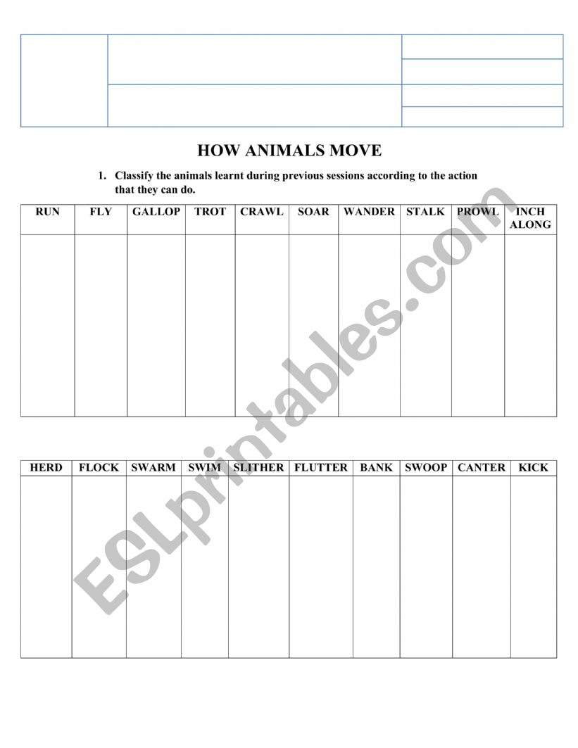 ACTIONS OF THE ANIMAL worksheet