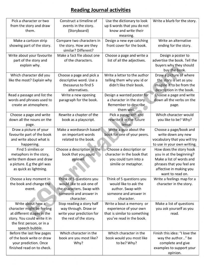 Reading Journal Activities worksheet