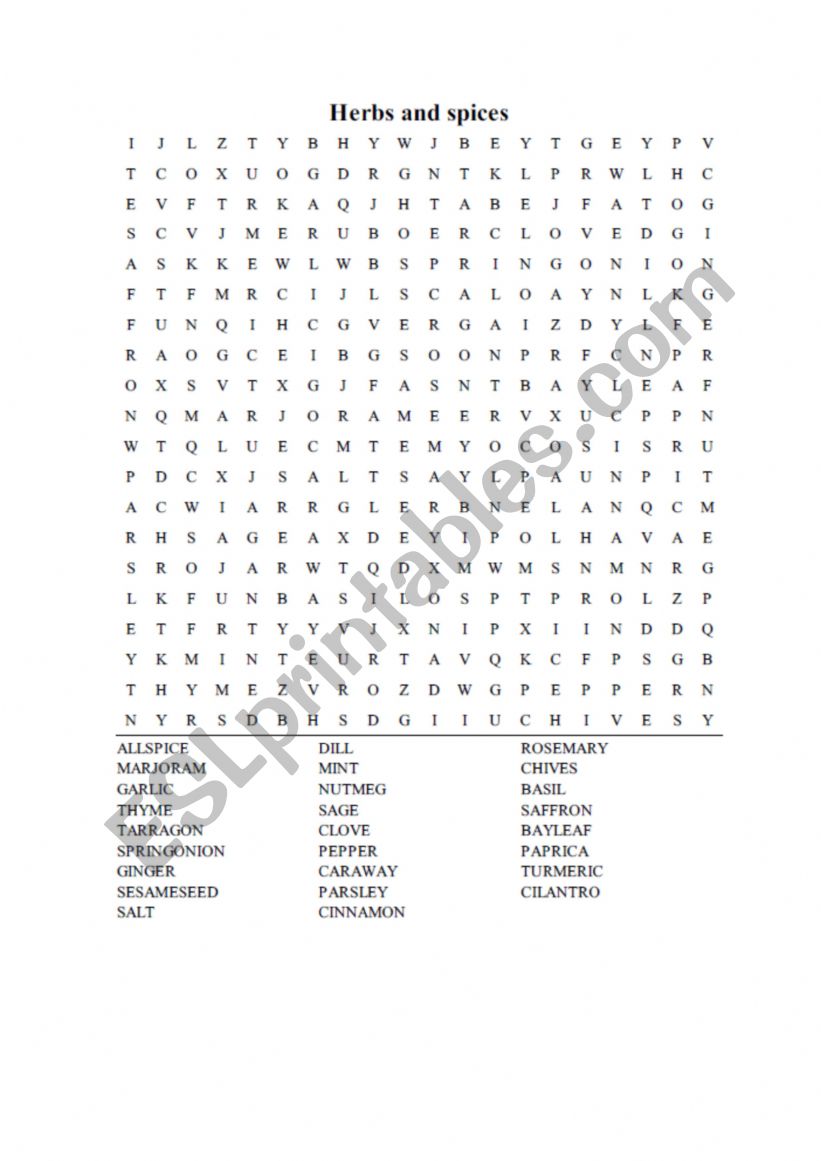 Herbs and spices wordsearch worksheet