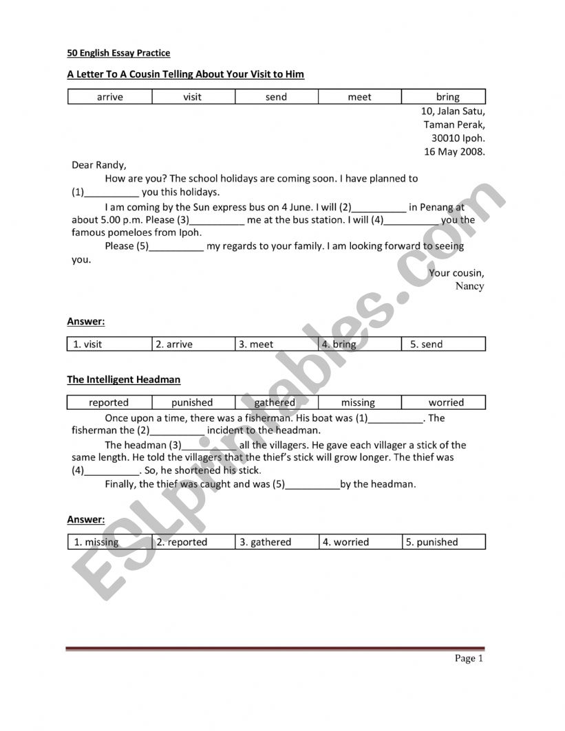 50 English Essay Practices worksheet