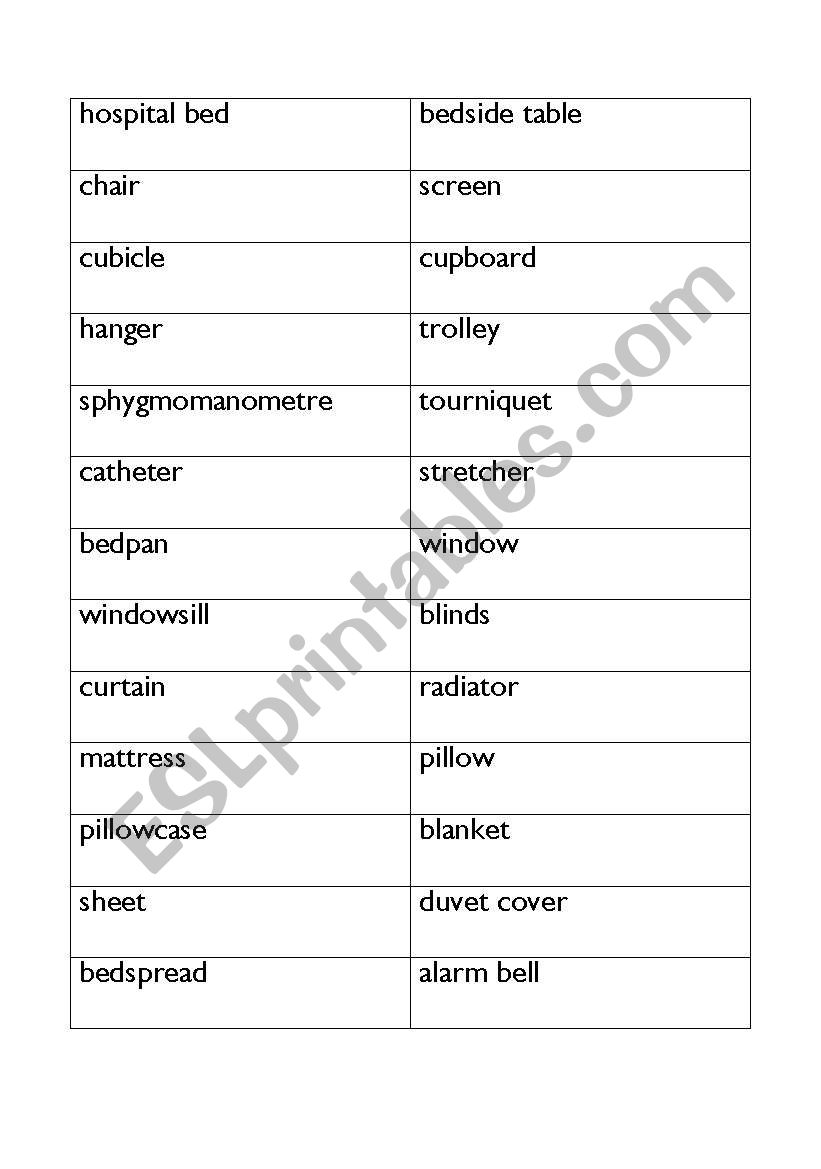 patient room vocabulary worksheet