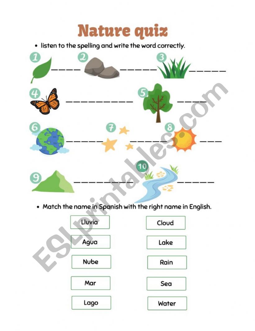 Nature quiz spelling worksheet