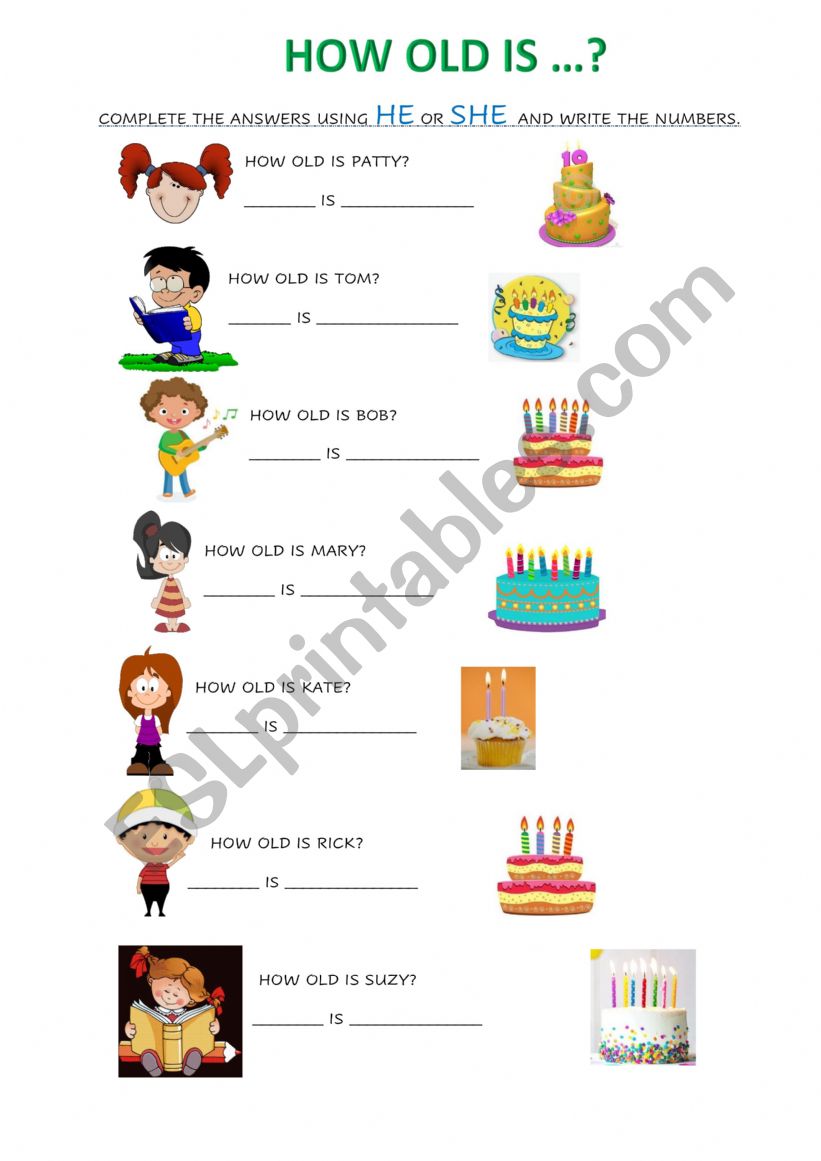 How old + he/she worksheet