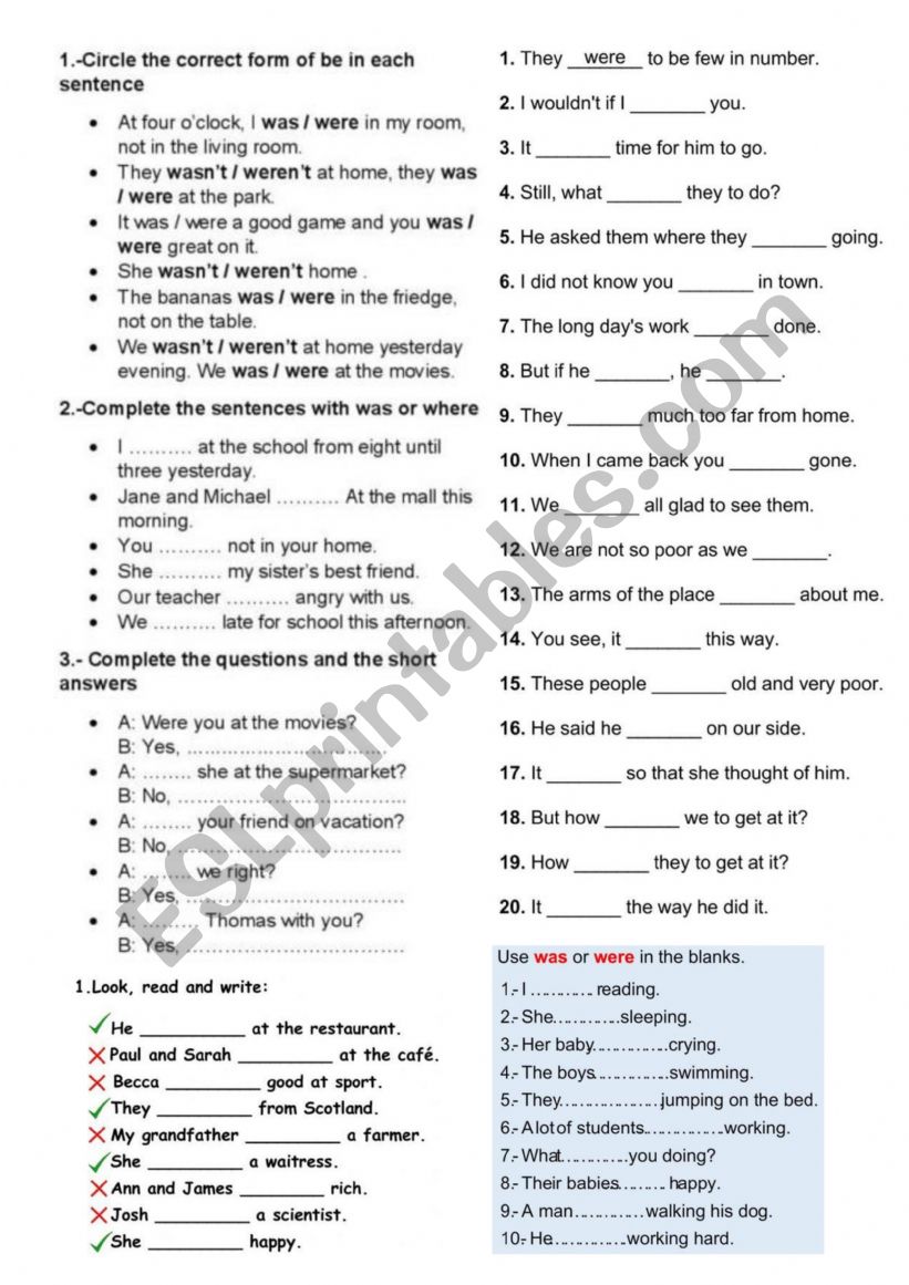 English worksheets: Was Were