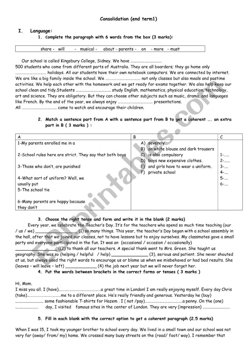 Language 8th form End term1 worksheet