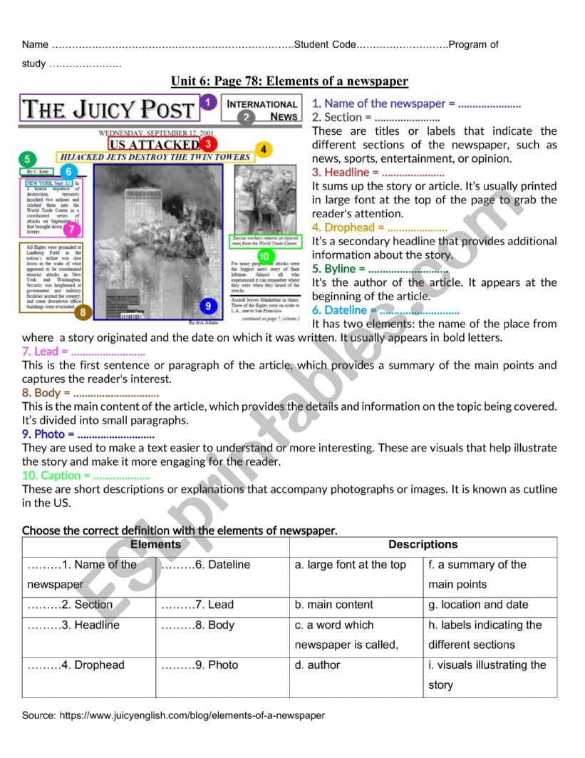 Elements of a newspaper worksheet