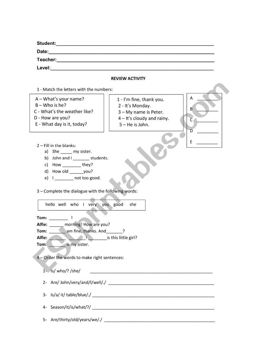 GREETINGS worksheet