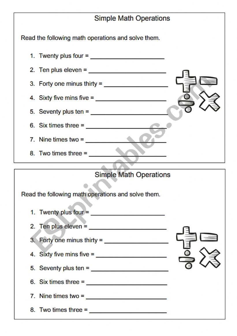 Maths operations worksheet