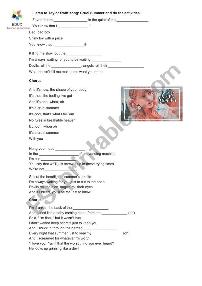 Taylo Swift Song worksheet