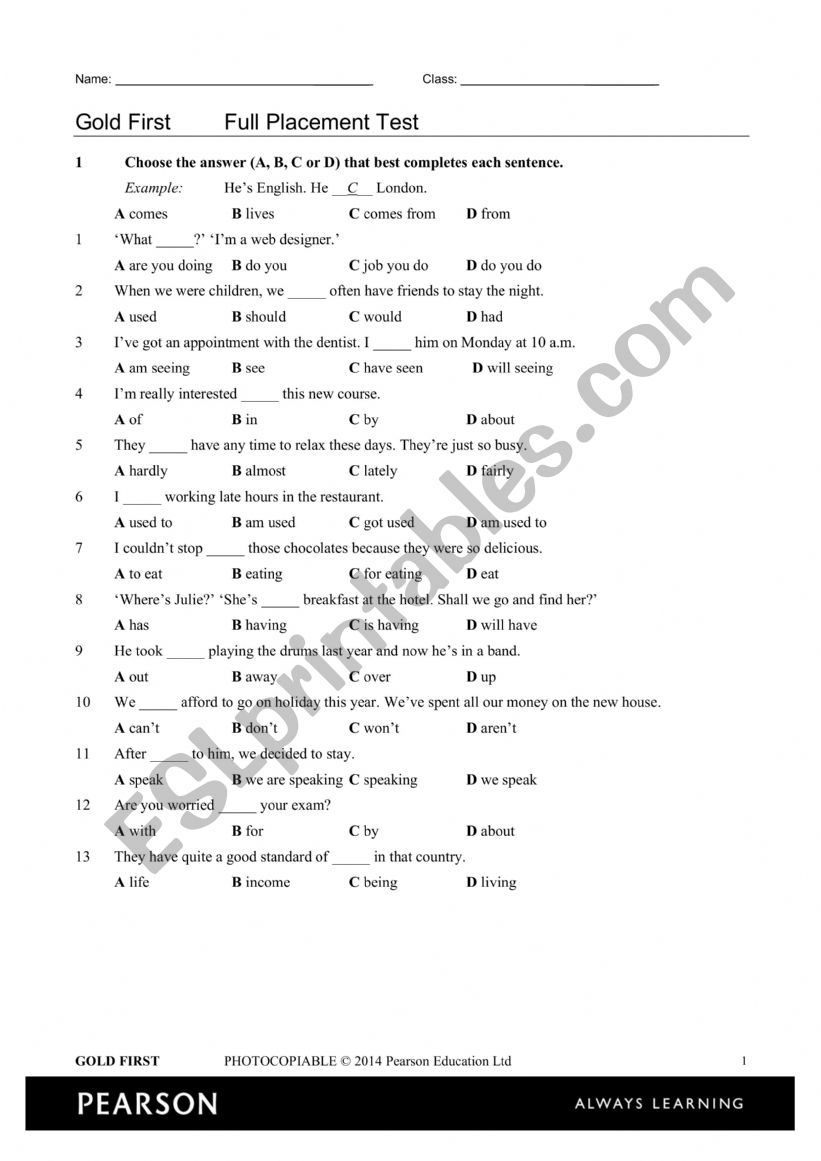 Placement test worksheet