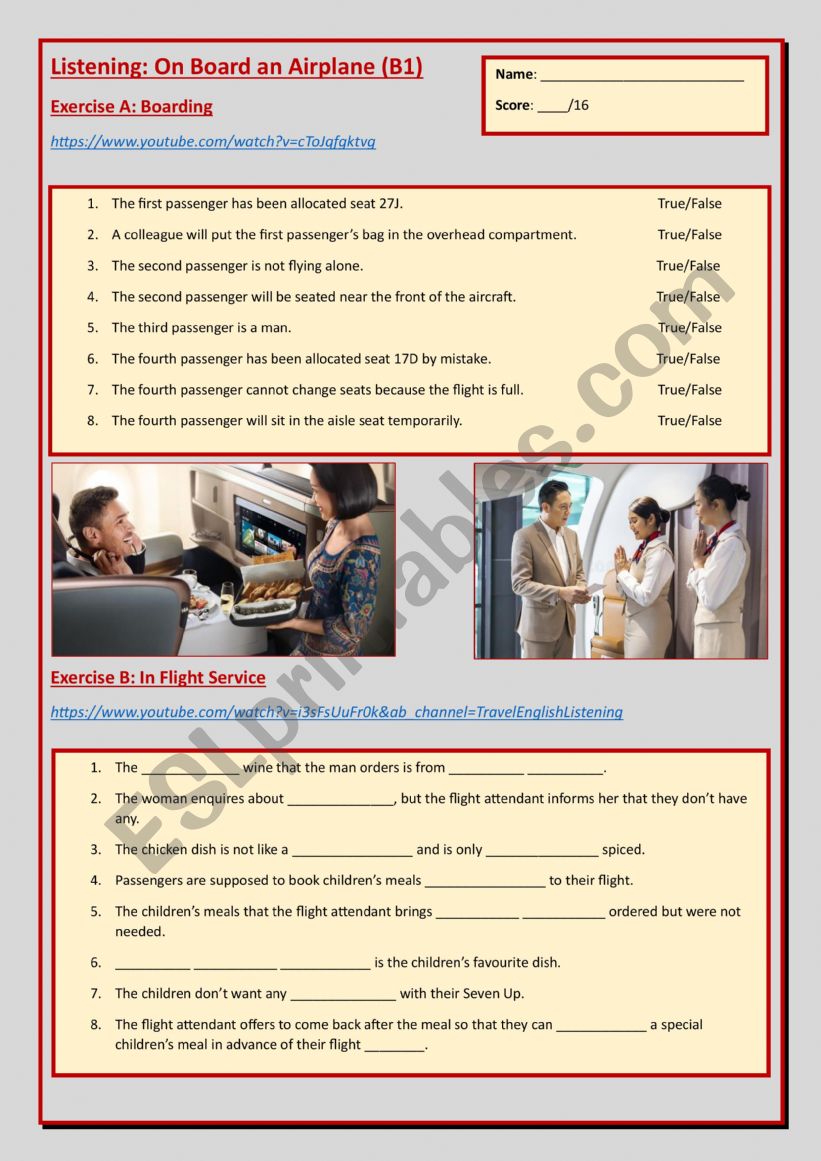 On Board a Plane Listening B1 worksheet