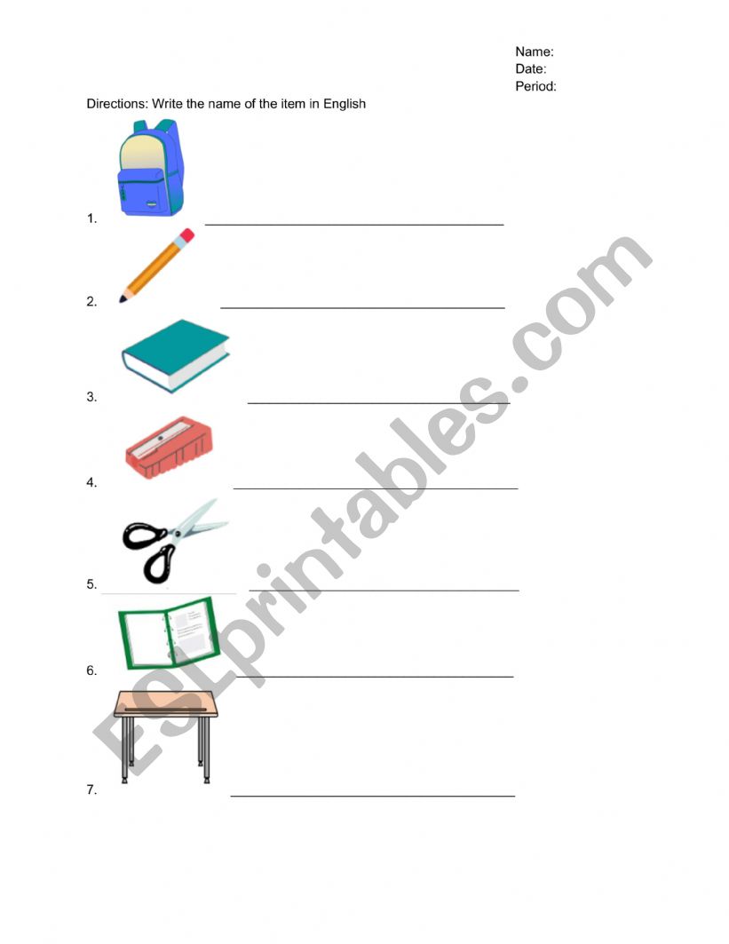 Classroom items quiz worksheet