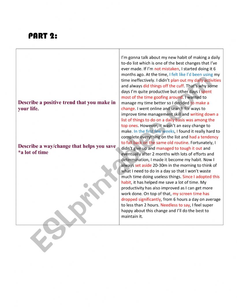 Ielts speaking part 2 sample worksheet