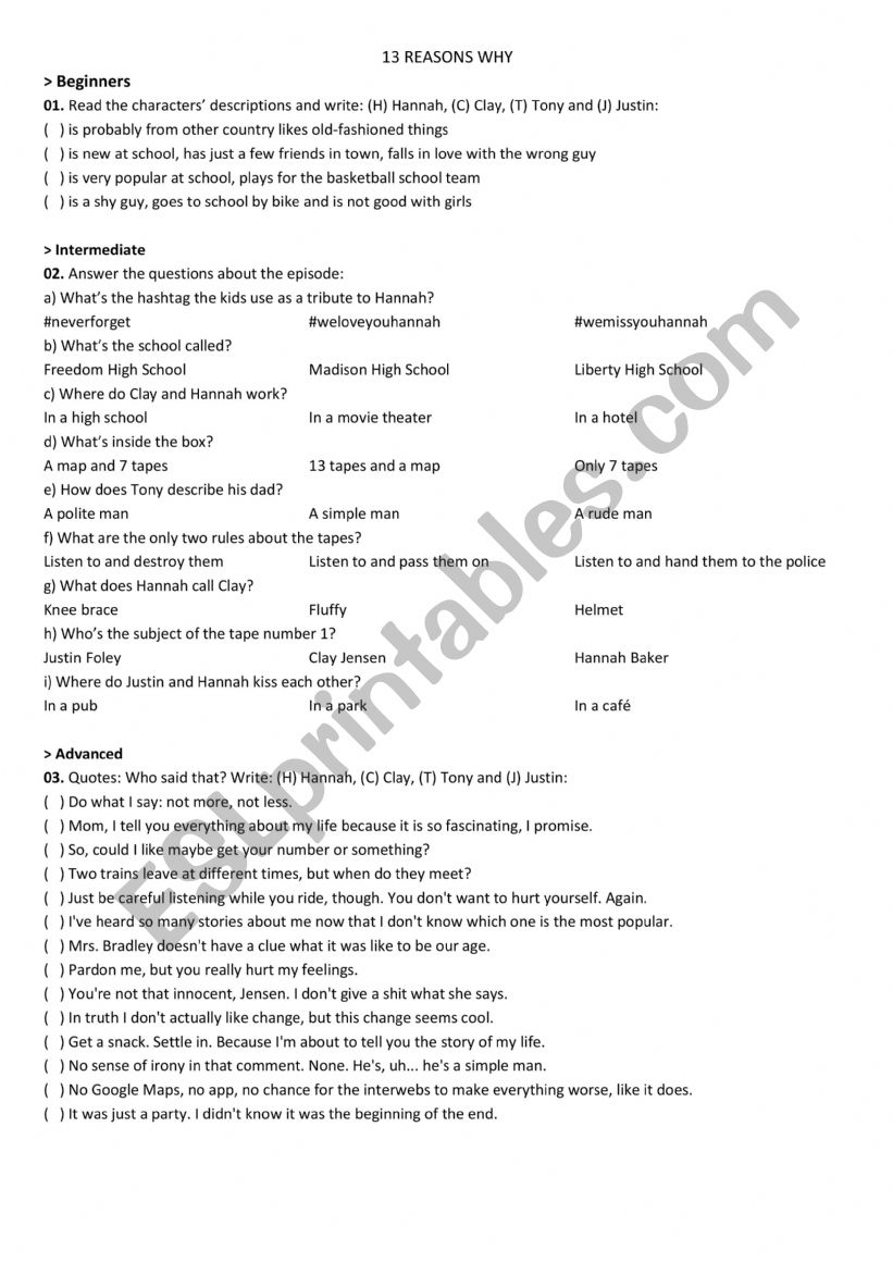 13 Reasos Why worksheet