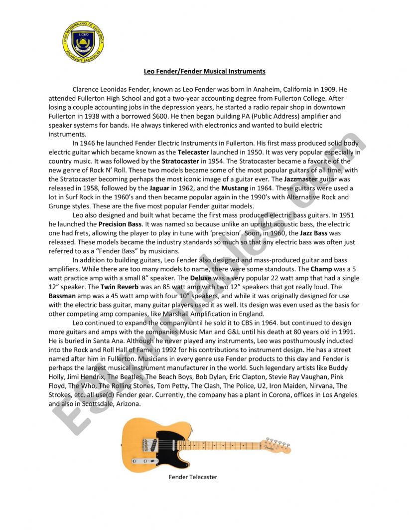 Leo Fender Biography worksheet