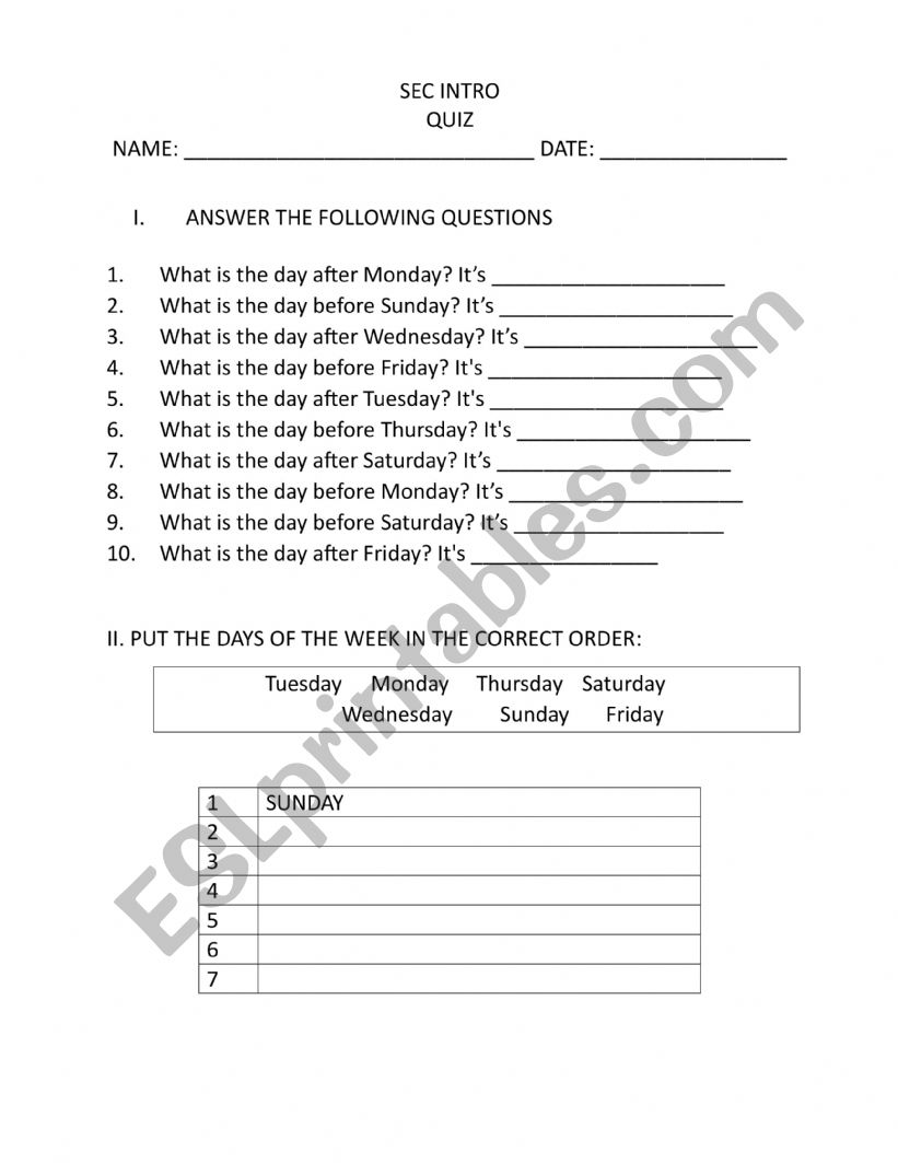 DAYS OF THE WEEK worksheet