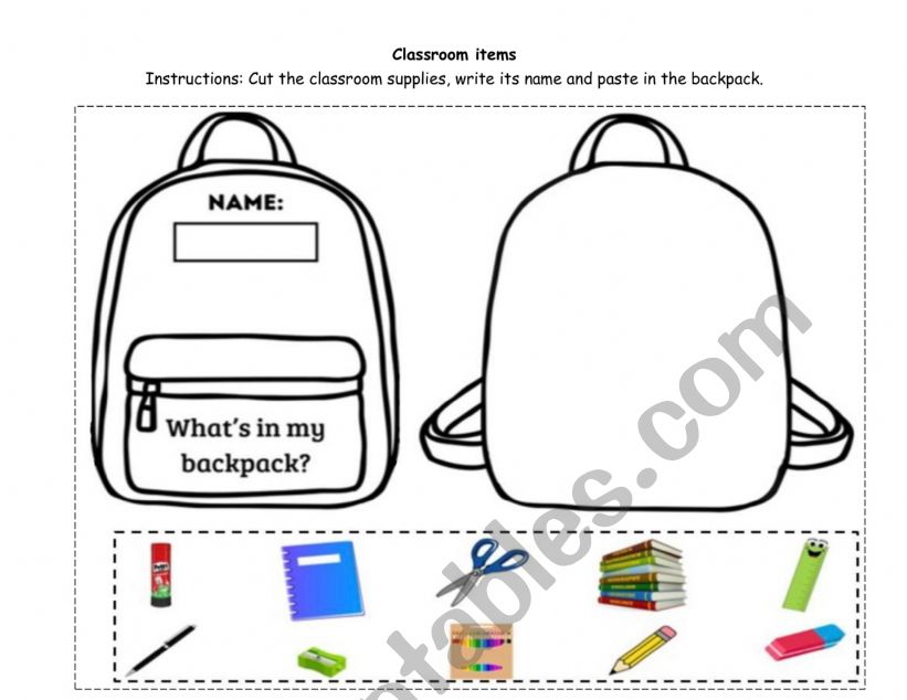 Whats in my backpack? worksheet