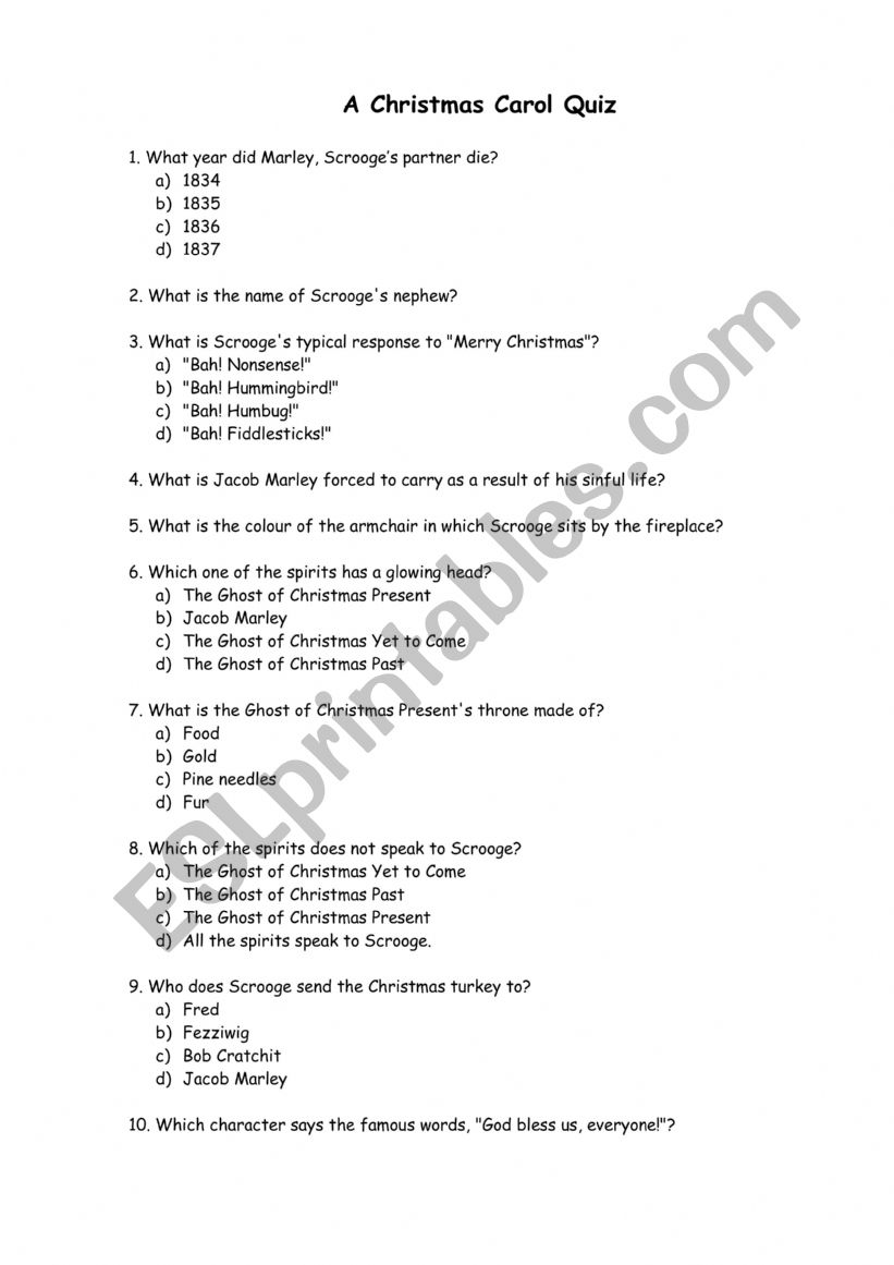 CHRITSMAS CAROL QUESTIONS worksheet