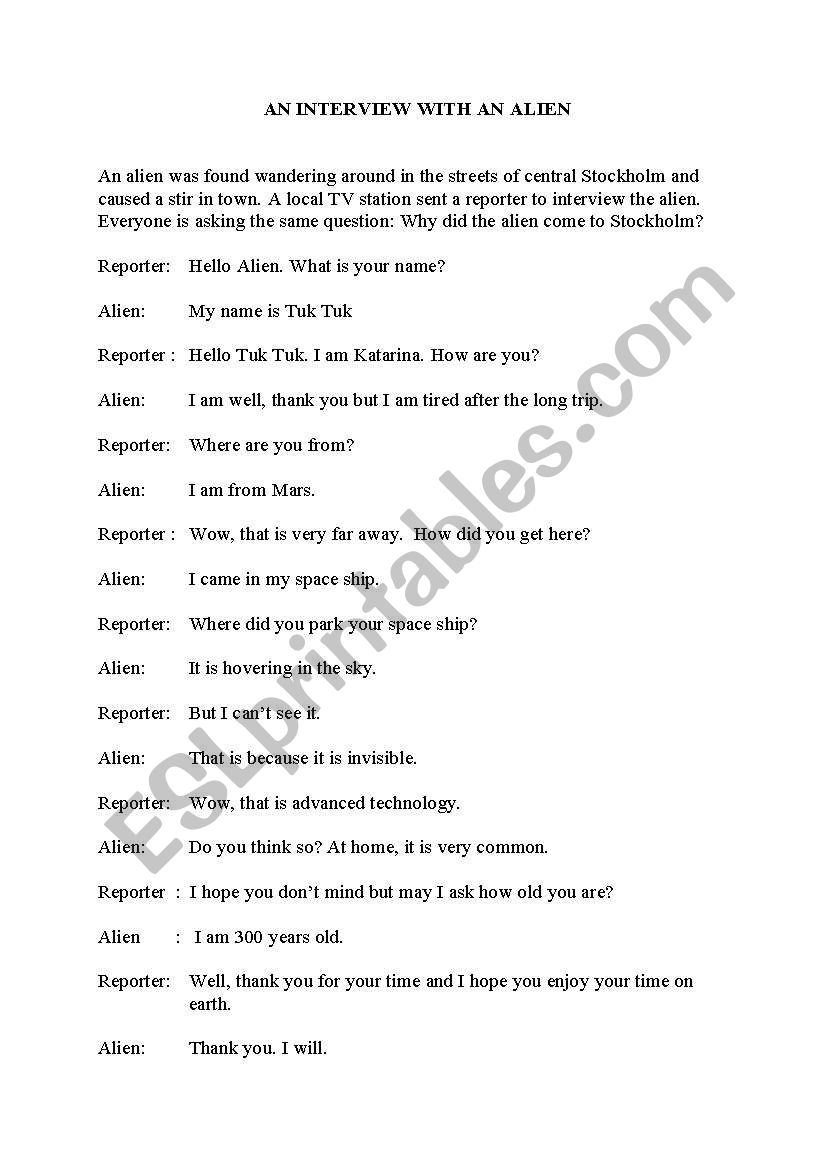 Interviewing an alien worksheet