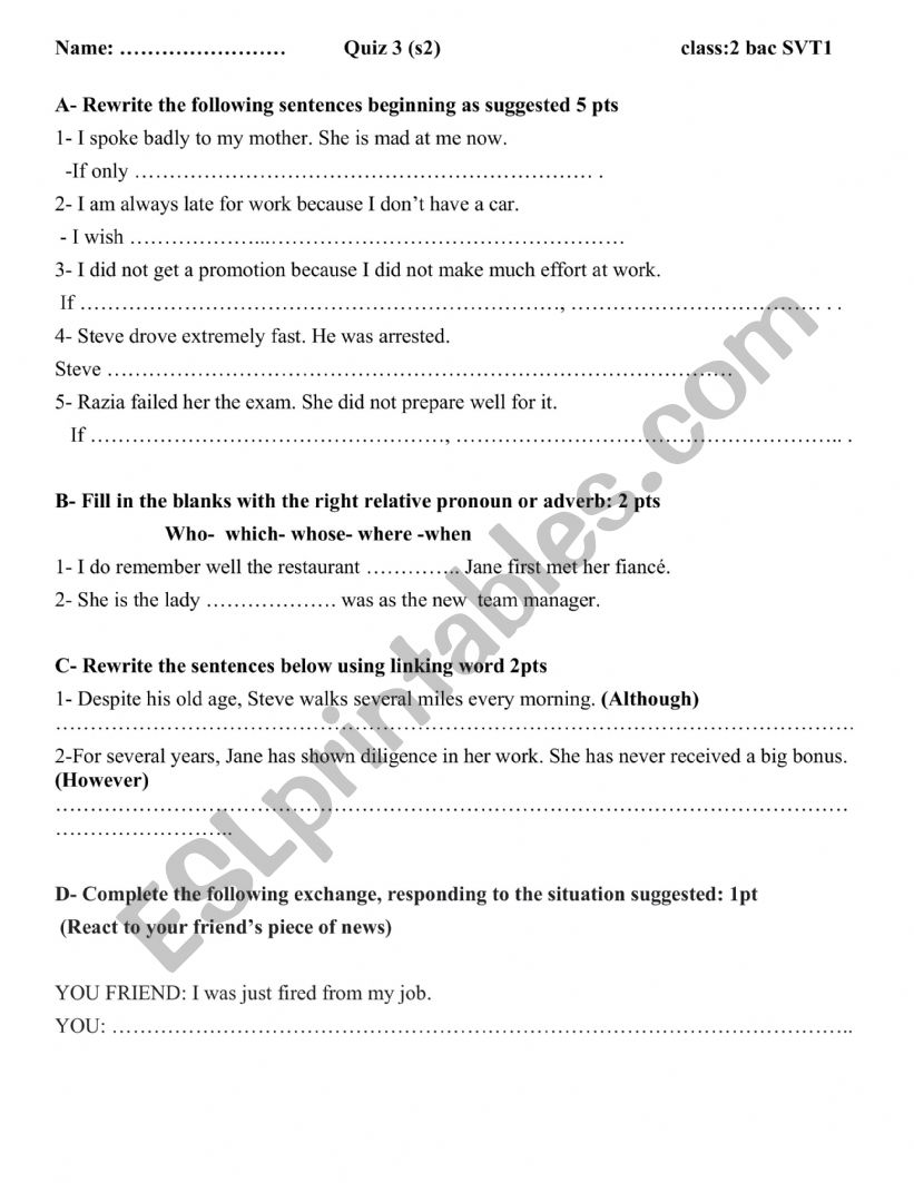 Grammar quiz worksheet