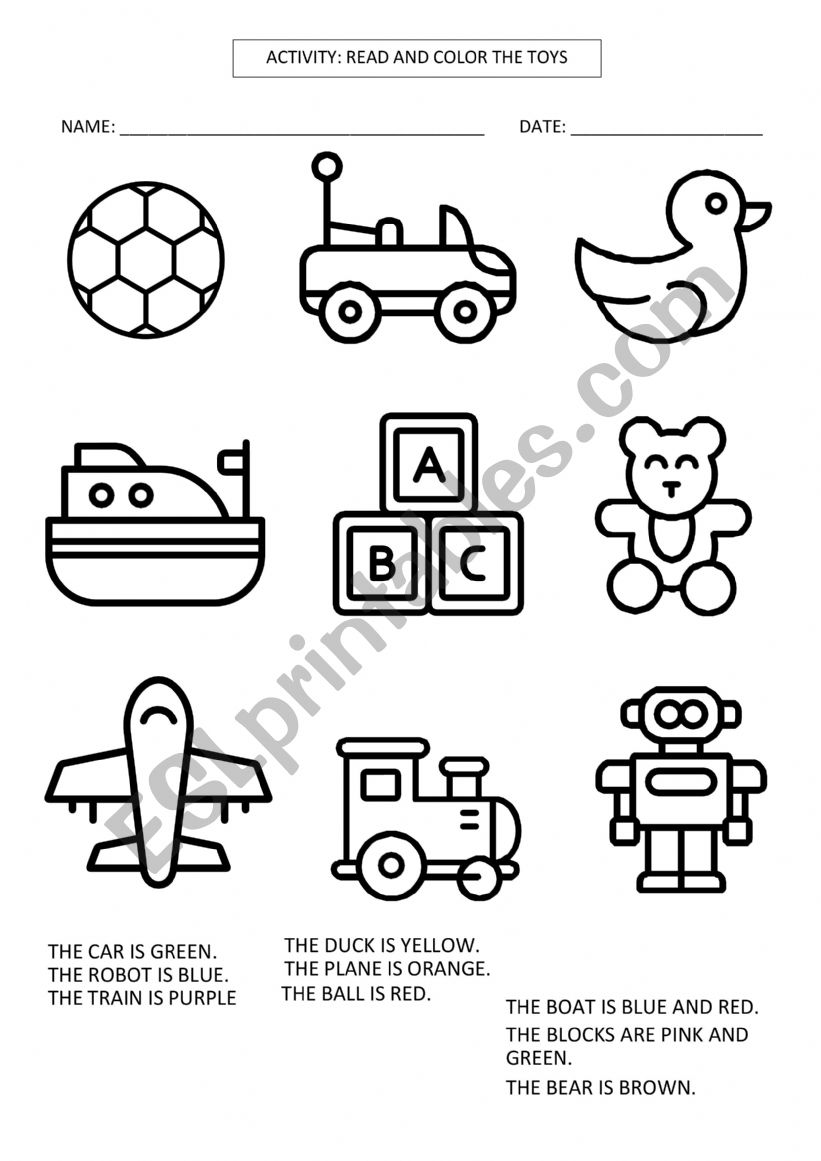 Color the toys worksheet