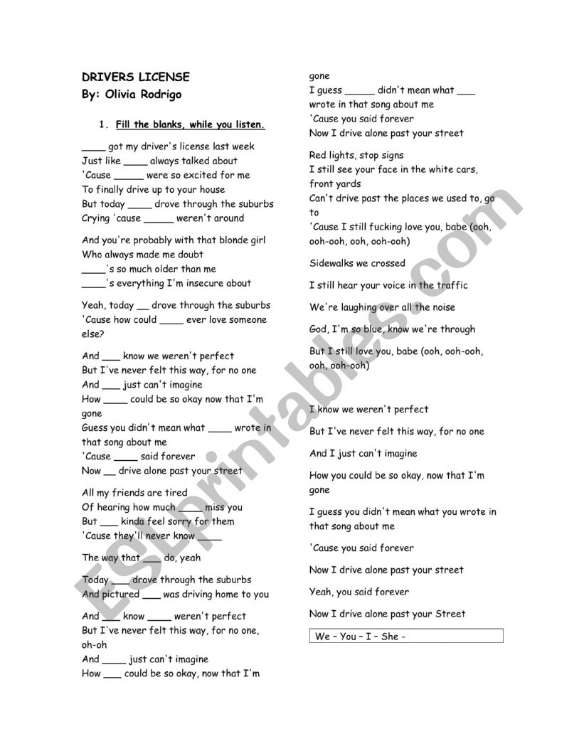 SONG FILL THE GAPS BASIC PERSONAL PRONOUNS