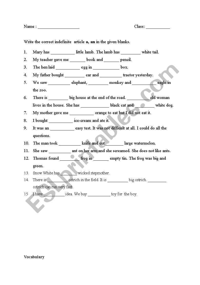 Indefinite articles worksheet