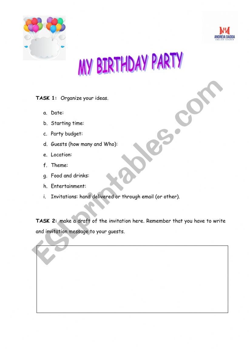 MY BITHDAY PARTY - WRITING worksheet