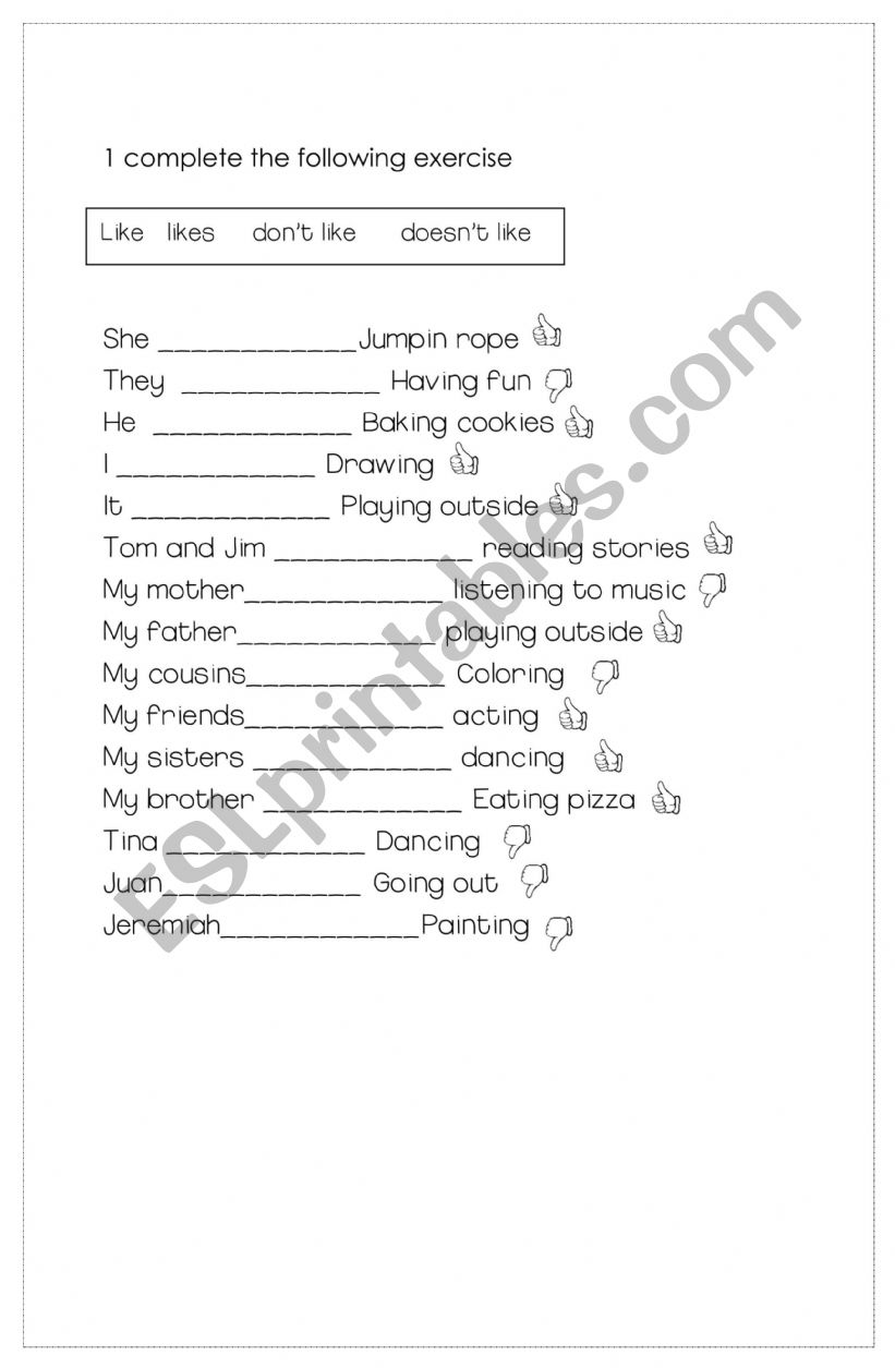 Likes and dislikes worksheet