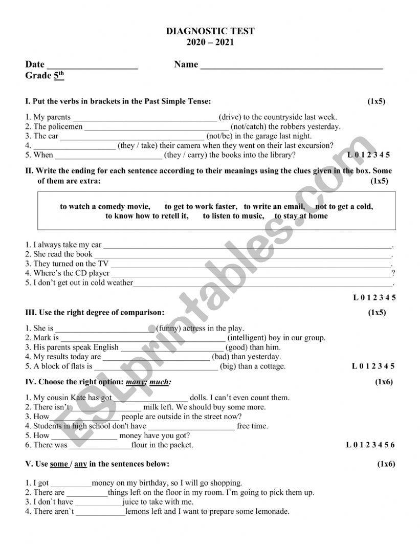 INITIAL TEST/ DIAGMOSTIC TEST worksheet