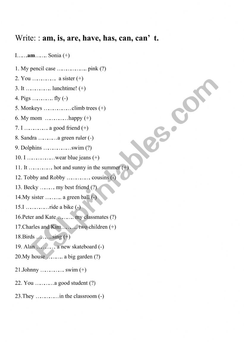 Verbs to be, have/has, can worksheet