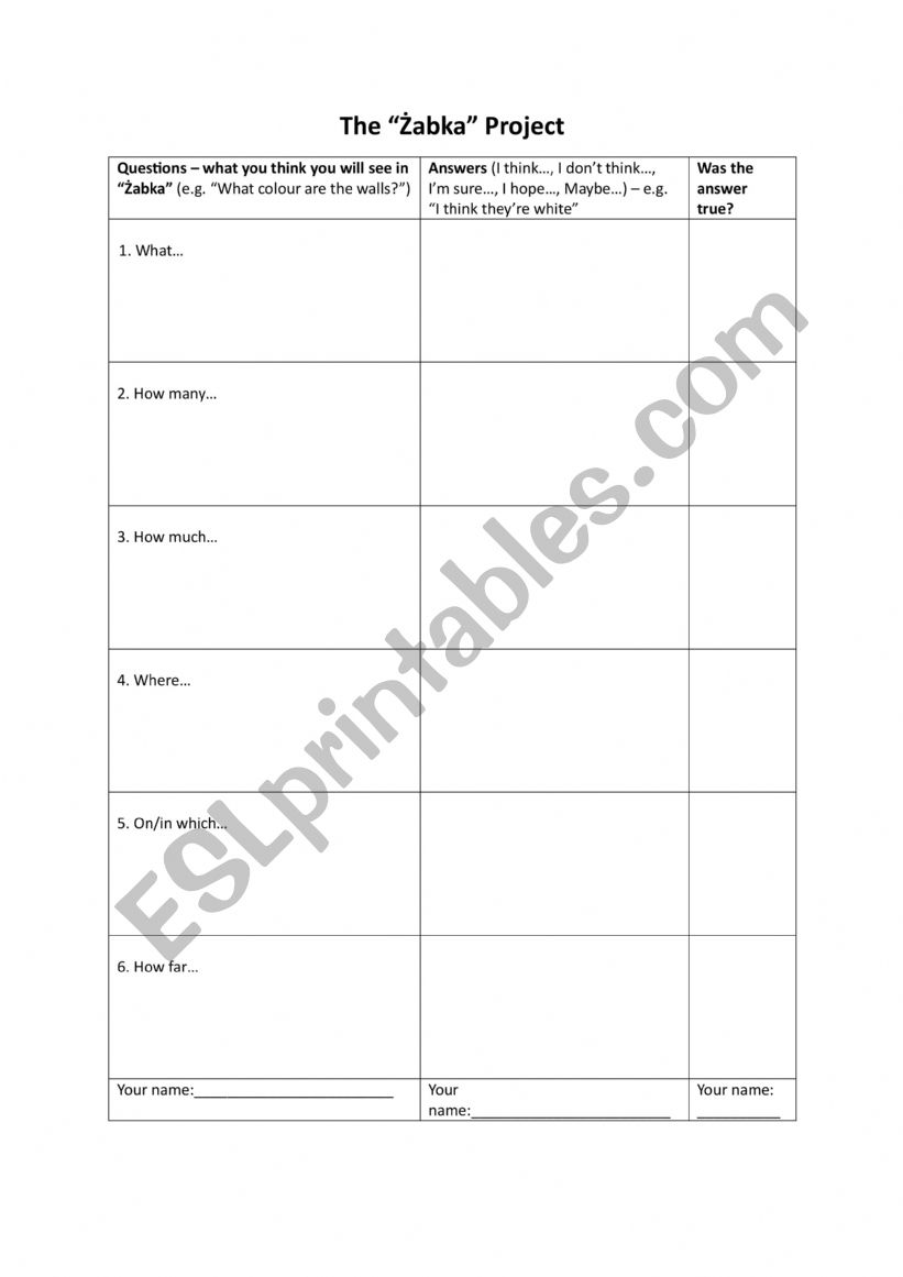 The Grocery Shop Project worksheet