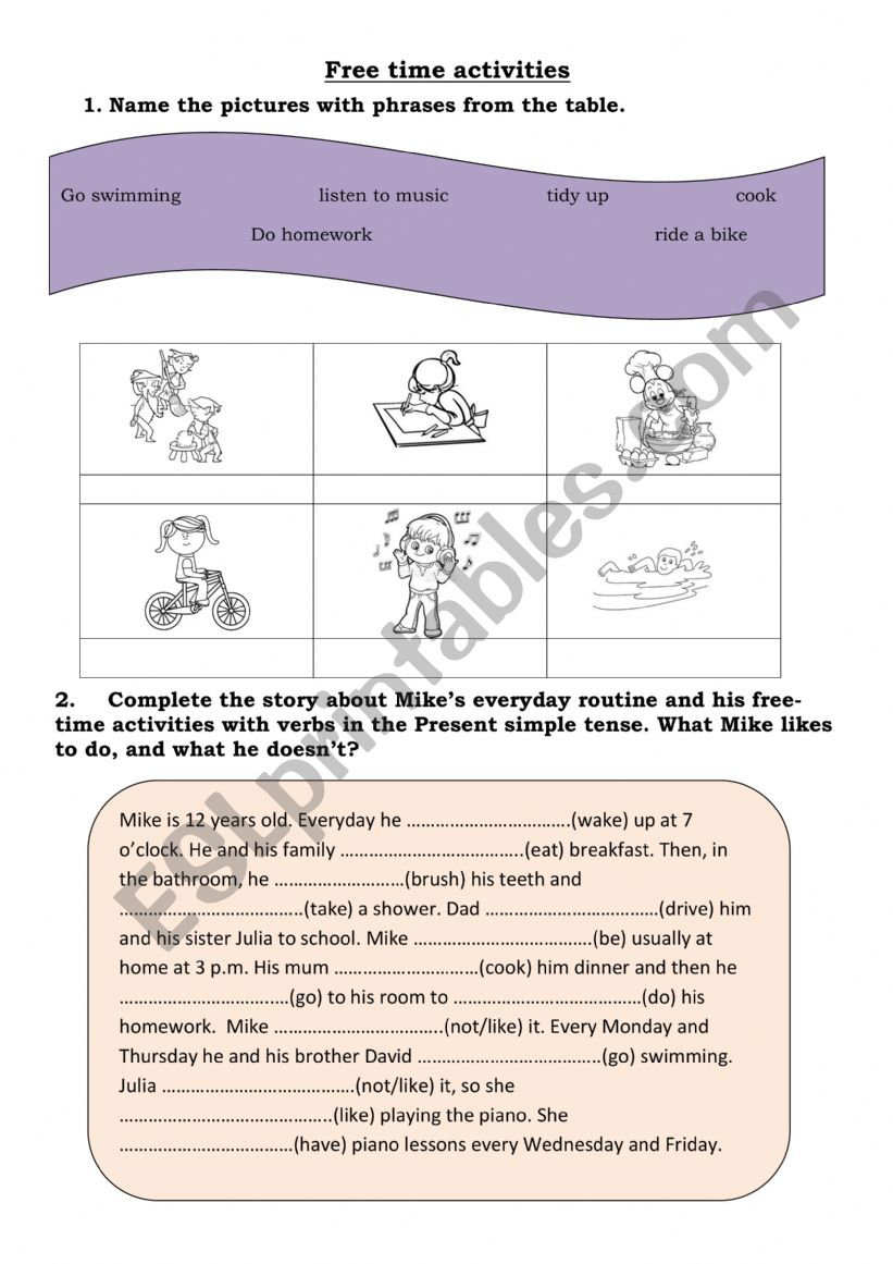 Free time activities worksheet