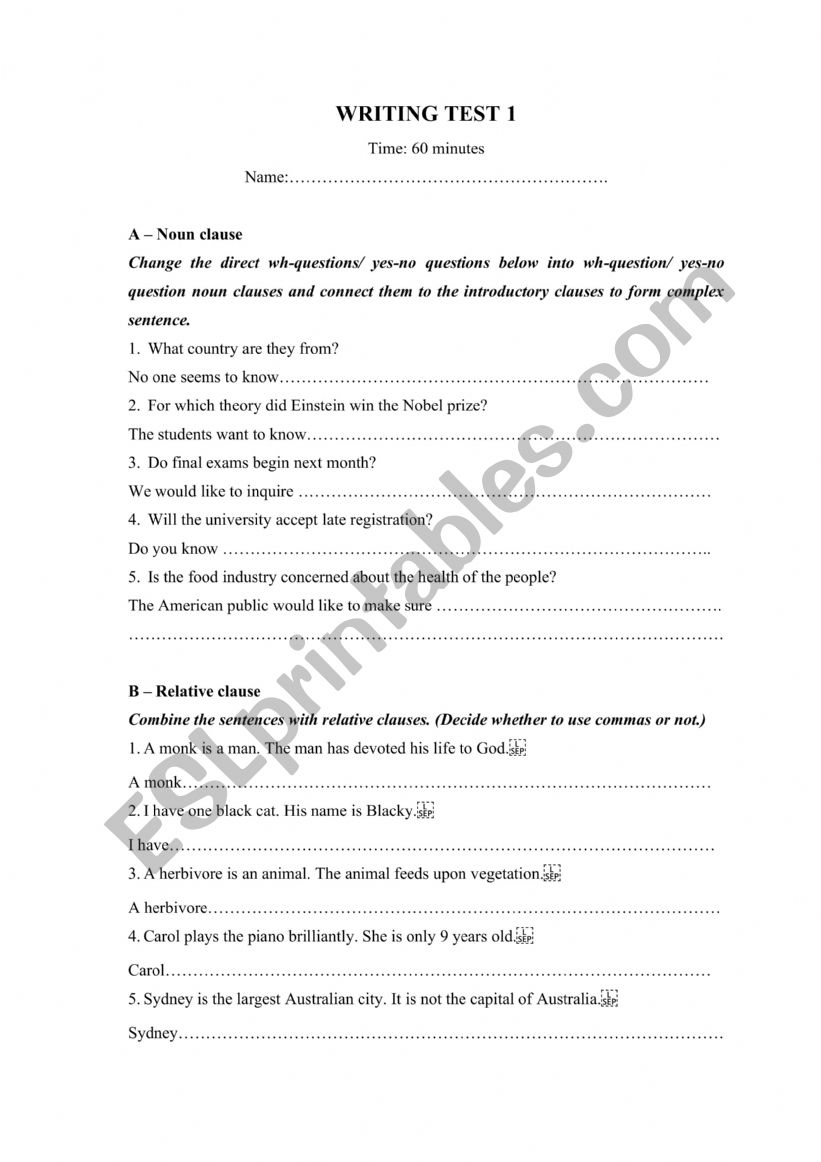 Writing Test worksheet