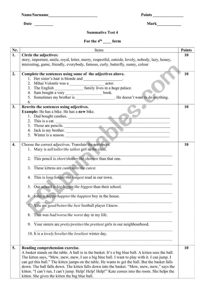 4th Form Summative Test Unit 3