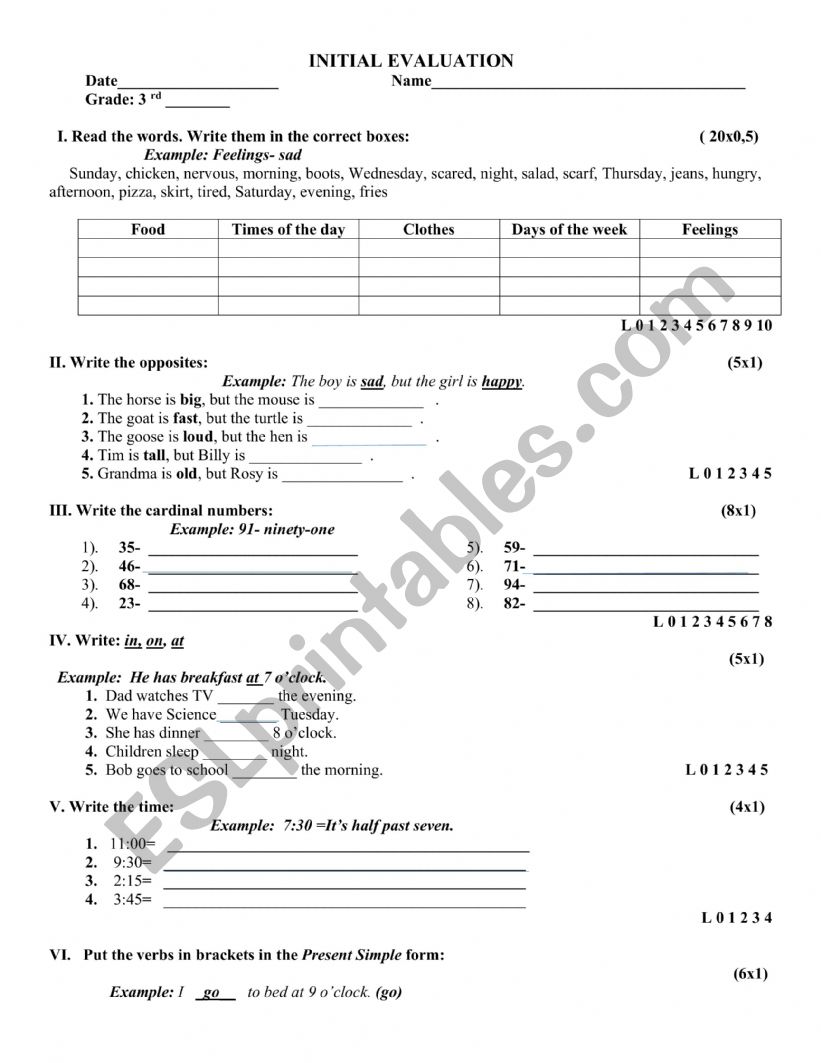 INITIAL TEST worksheet