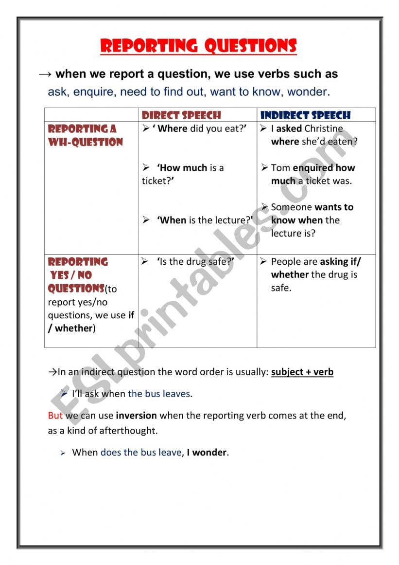 reporting questions  worksheet
