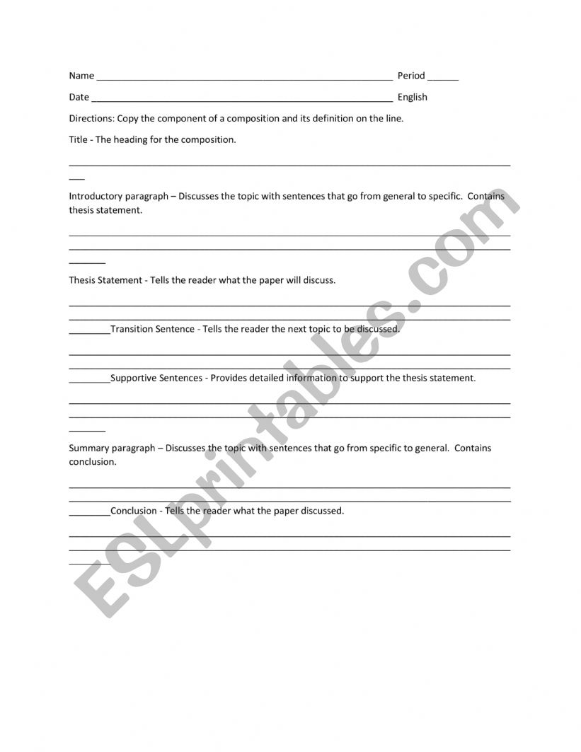 Elements of a composition worksheet