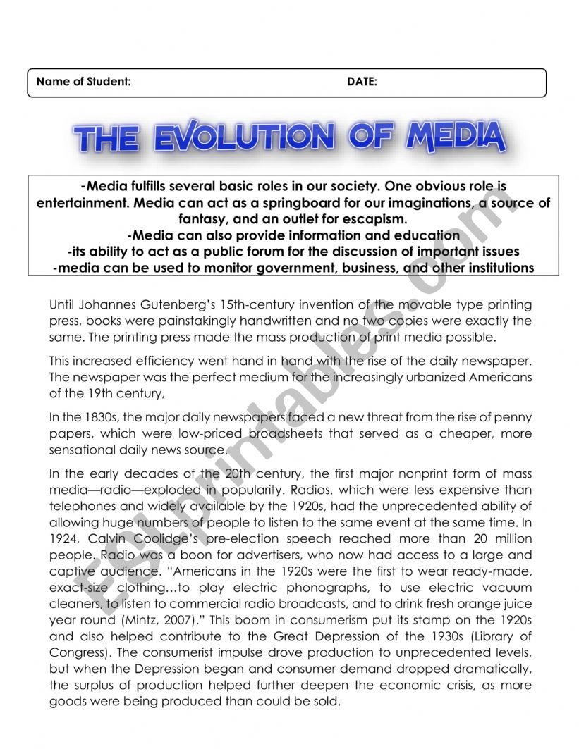 Evolution of Media worksheet