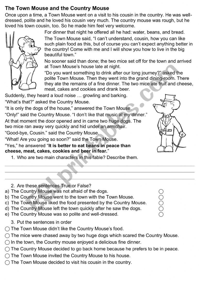 The Town Mouse and the Country Mouse - ESL worksheet by vickygarbarino