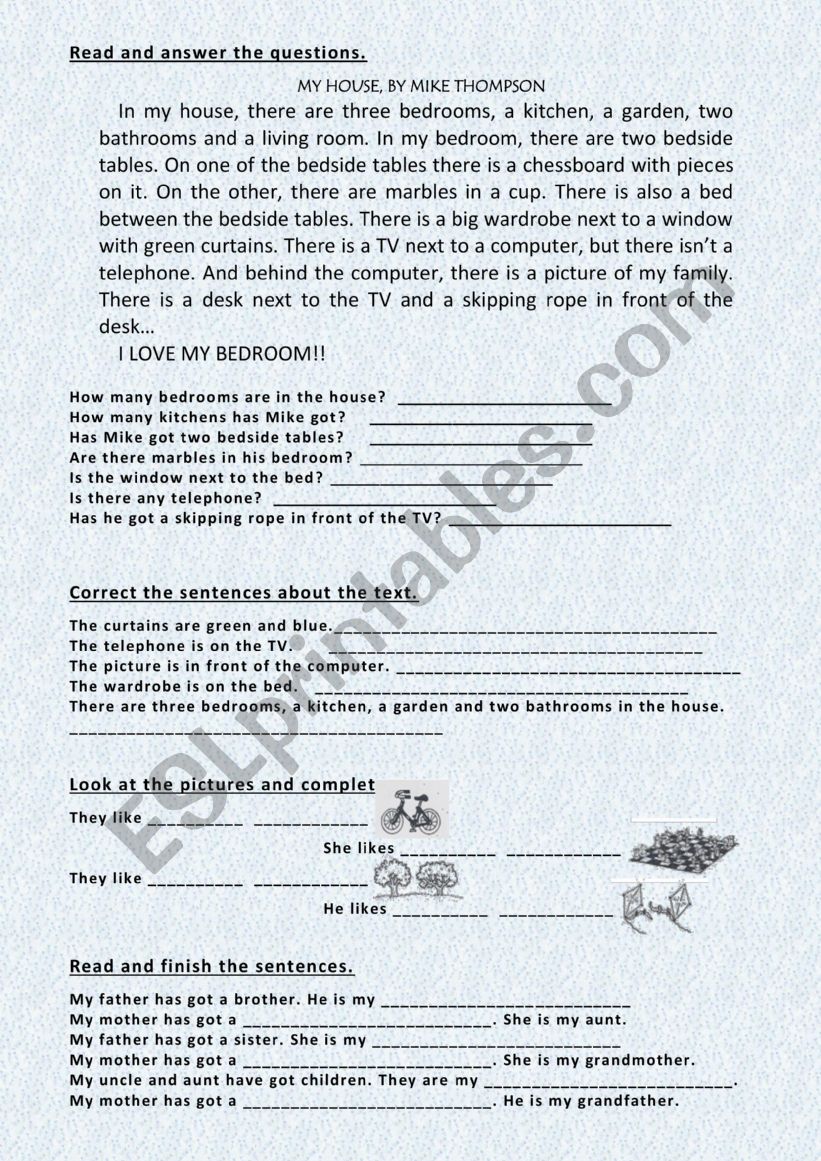 bedroom worksheet