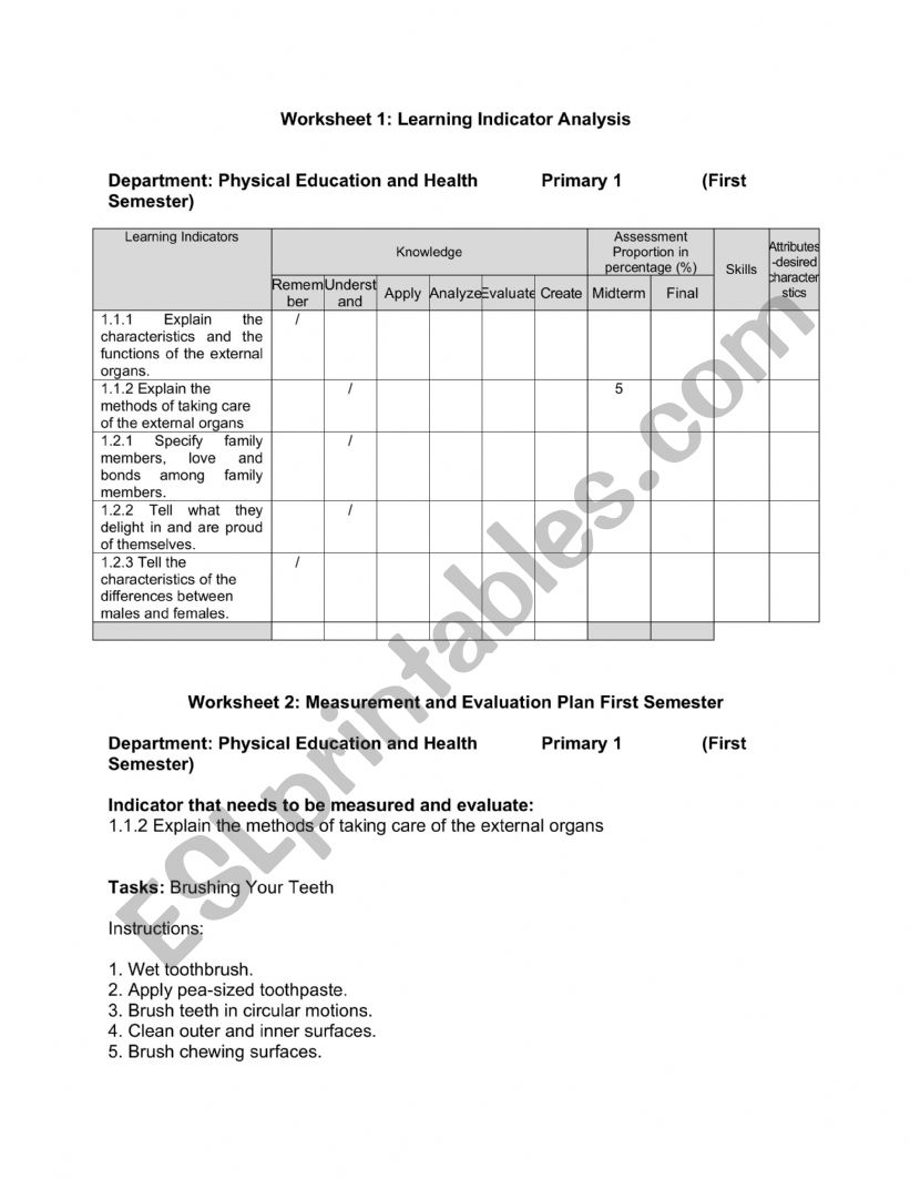 PE and Health  worksheet