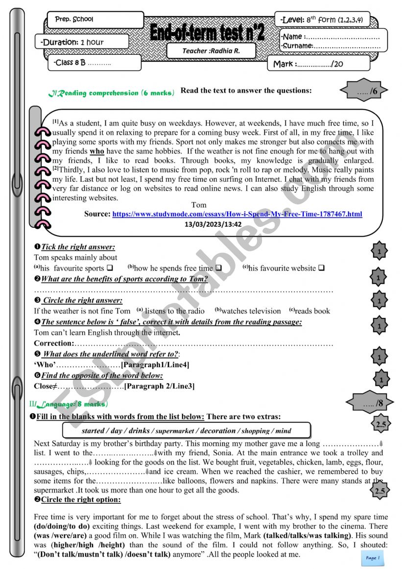 end of term test 2 worksheet