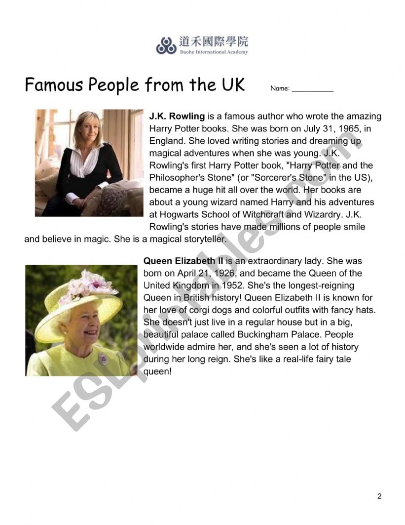 Famous People from the UK worksheet