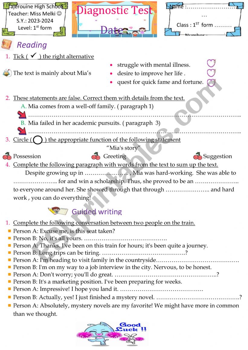 1st form diagnostic test worksheet