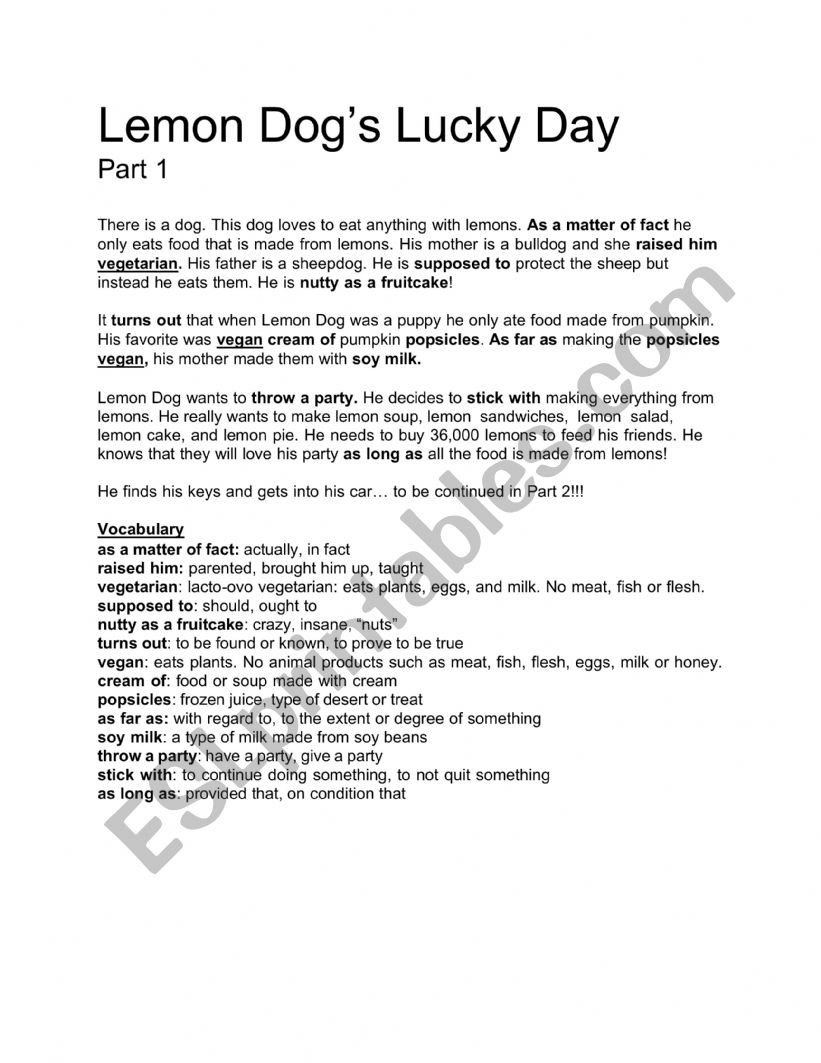 Story Lemon Dog worksheet