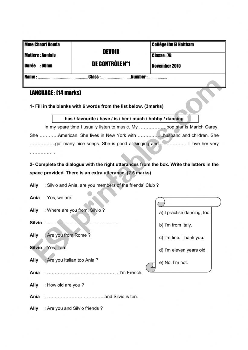  Mid-term ordinary test 1  7th form