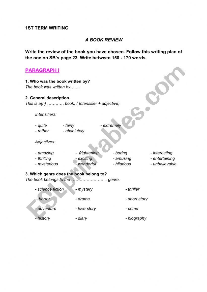 A BOOK REVIEW worksheet