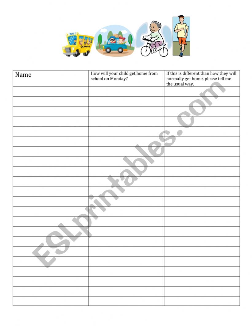 First Day transportation worksheet